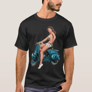 Cute Girl On Vintage Blue Motor Scooter  T-Shirt