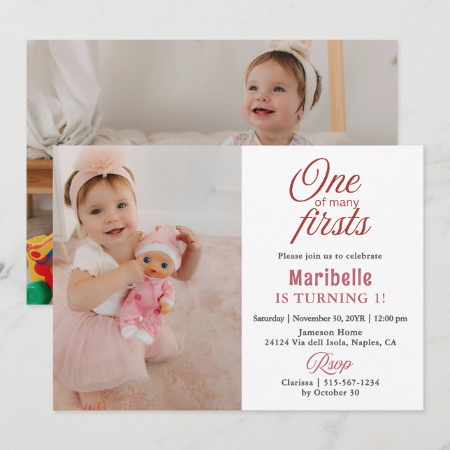 Cute Girl One of many Firsts 2 Photo 1st Birthday  Invitation (Front/Back)