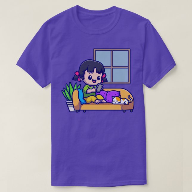 Cute Girl Operating Phone With Cat Cartoon T-Shirt (Design Front)