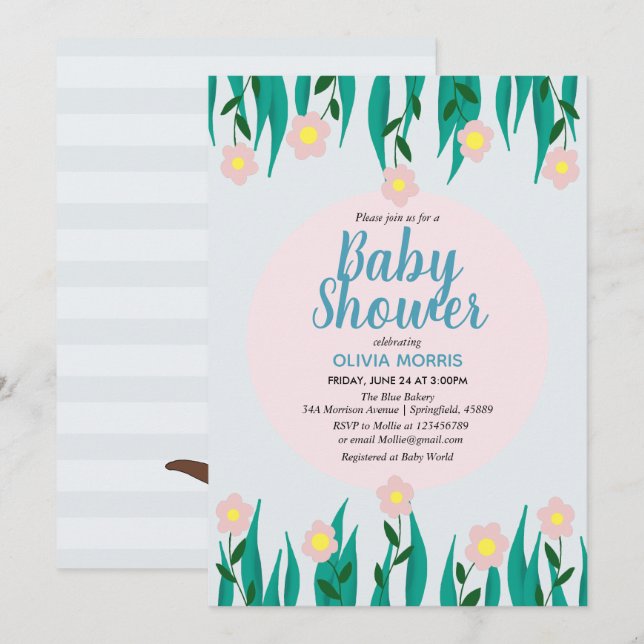 Cute Girl Otter Cartoon Flowers & Name Baby Shower Invitation (Front/Back)