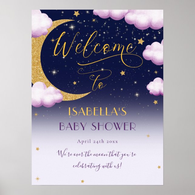 Cute Girl Over the Moon Baby Shower Welcome Poster (Front)