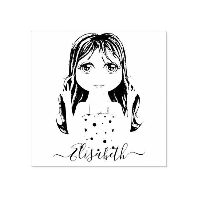 Cute Girl Peace Graphic Illustration Personalised Rubber Stamp (Imprint)