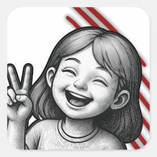 Cute Girl Peace Sign Sticker – Black and White Ill