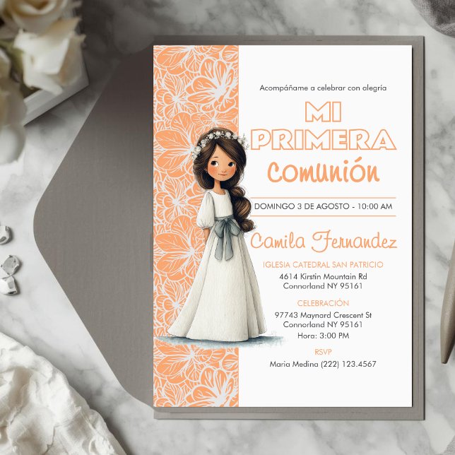 Cute Girl Peach Background Spanish First Communion Invitation (Creator Uploaded)
