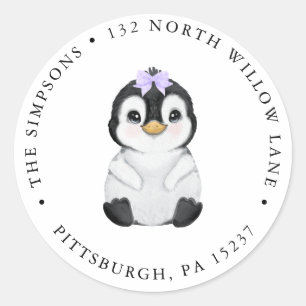 Cute Girl Penguin Return Address Classic Round Sticker