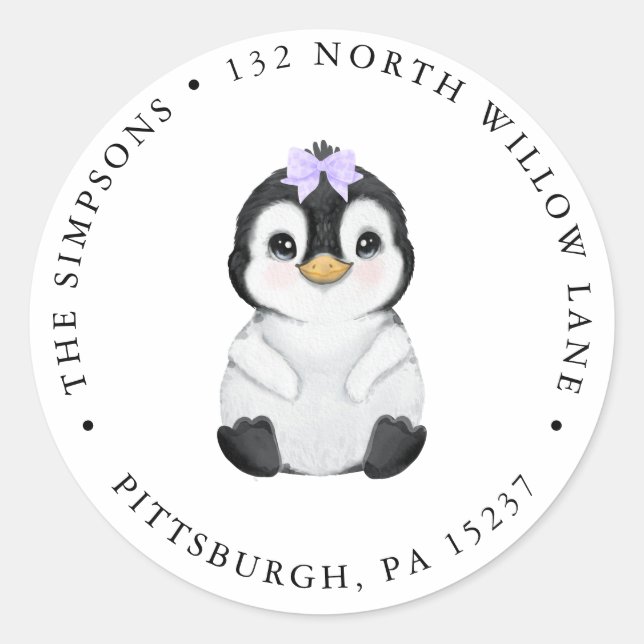 Cute Girl Penguin Return Address Classic Round Sticker (Front)