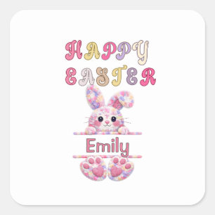 Cute Girl Personalize Happy Easter Bunny Square Sticker