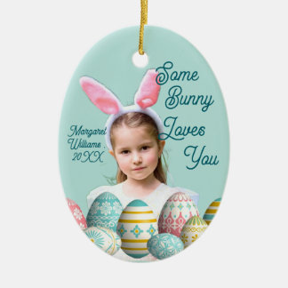 Cute Girl Photo Bunny Ears Blue Ceramic Tree Decoration