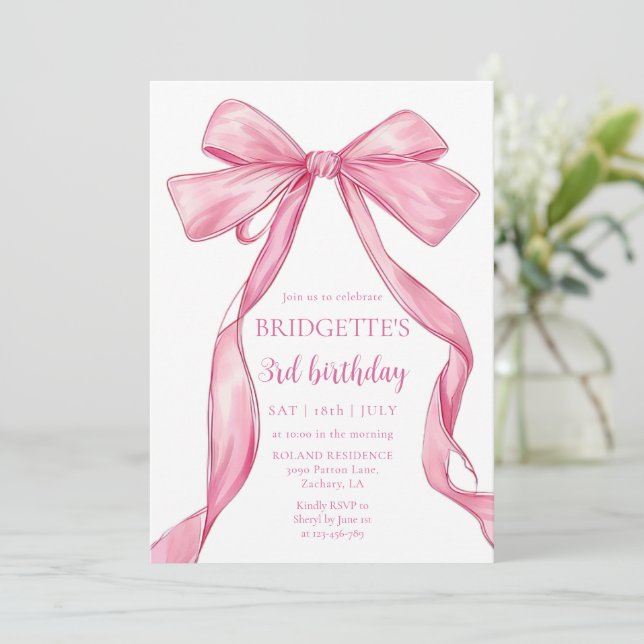 Cute Girl Pink Bow Birthday Invitation (Standing Front)