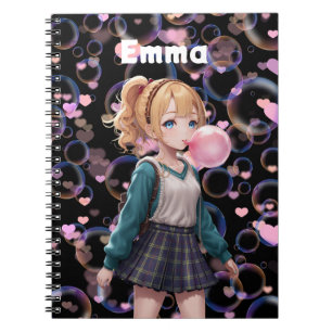 Cute Girl, Pink Bubble Gum Bubble, Personalised Notebook