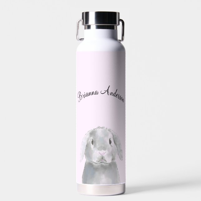 Cute Girl Pink Bunny Personalised Name Simple  Water Bottle (Front)