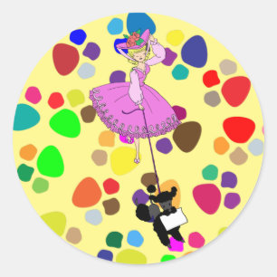 Cute Girl Pink Dress Black poodle original cartoon Classic Round Sticker