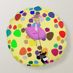 Cute Girl Pink Dress Black poodle original cartoon Round Cushion