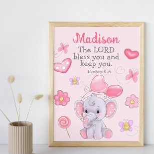 Cute Girl Pink Elephant Christian Blessing Name Poster