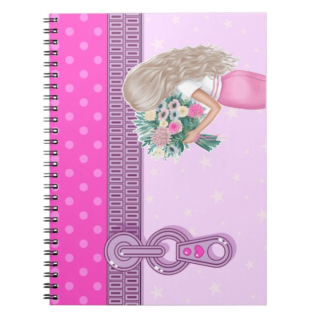 Cute girl & pink floral design elegant monogrammed notebook (Front)
