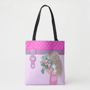 Cute girl & pink Flowers elegant floral design Tote Bag