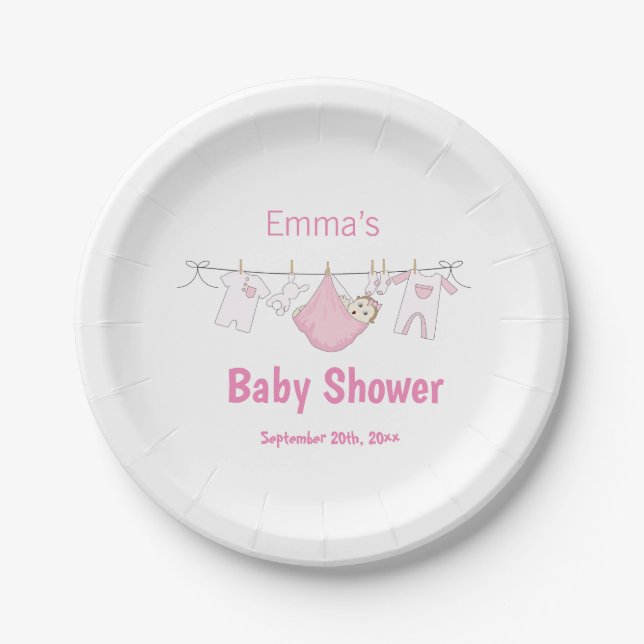 Cute Girl Pink Laundry Clothesline Baby Shower  Paper Plate (Front)