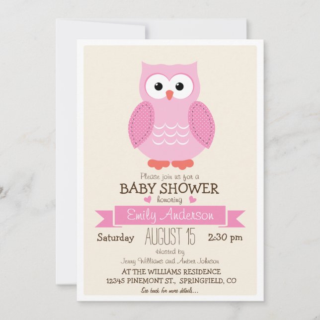 Cute Girl Pink Owl Baby Shower or Sprinkle Invitation (Front)