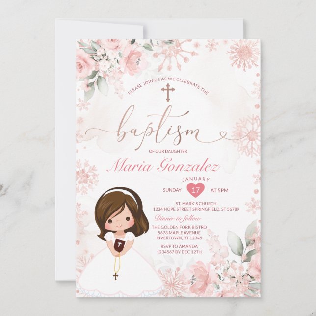 Cute Girl Pink Rose Gold Floral Snowflake Baptism Invitation (Front)