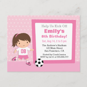 Cute Girl Pink Soccer Birthday Party Invitations
