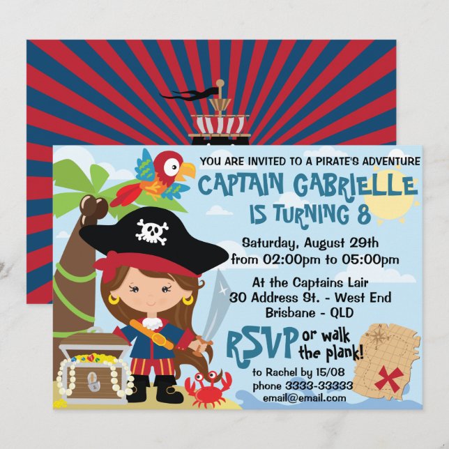 Cute Girl Pirate Party Birthday Invitations (Front/Back)