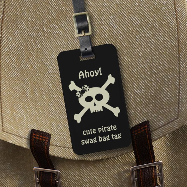 Cute Girl Pirate Skull and Crossbones Luggage Tag (Ahoy! Add yer details to this cute pirate swag bag tag and set sail for adventure!)