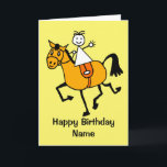 Cute Girl Pony Riding Birthday Card<br><div class="desc">Cute cartoon of a stick girl riding a pony.  Card has a yellow background but it's easy to edit this to a different color or a nice stylish white.  Easily personalize this card by editing the template text on the front and inside.  Thanks for viewing my designs!</div>