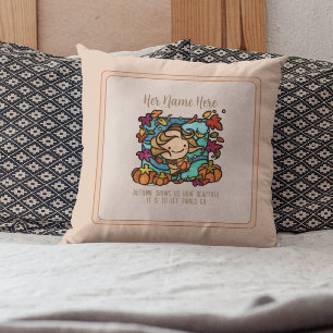 Cute Girl Pumpkins Fall Decorating Windy Leaves Cushion