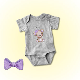 Cute Girl Purple Bear Monogrammed Baby Bodysuit