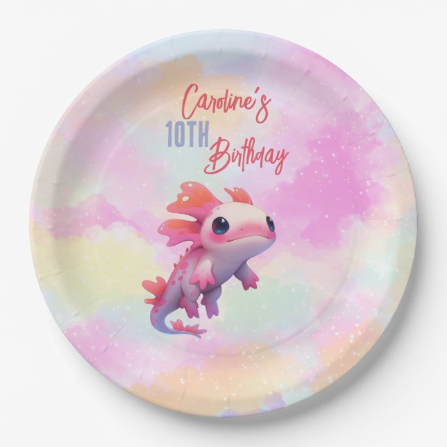 Cute Girl Rainbow Pink Axolotl  Paper Plate (Front)