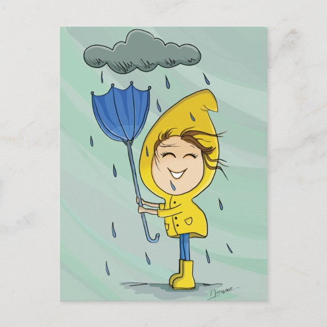 Cute Girl Rainy Windy Day Graphic Postcard (Front)
