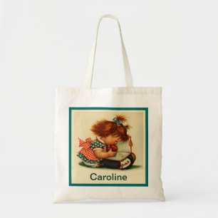 Cute Girl Reading a Book with Name Bag