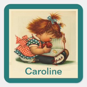 Cute Girl reading a Book with Name Stickers