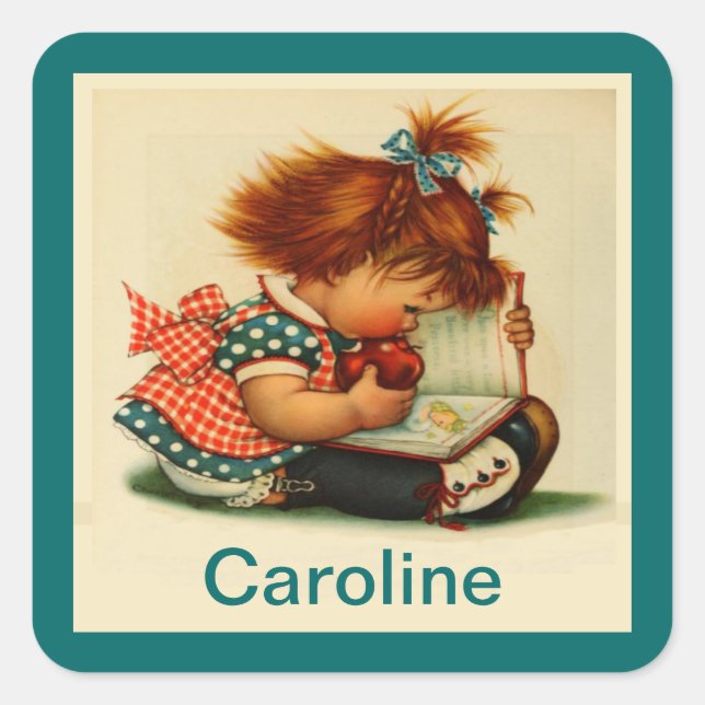 Cute Girl reading a Book with Name Stickers (Front)