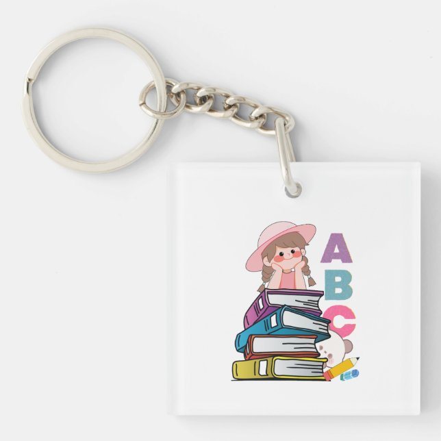 Cute Girl Reading Books & ABCs Keychain (Front)