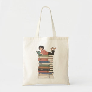 Cute Girl Reading Stack of Books Art Tote Bag