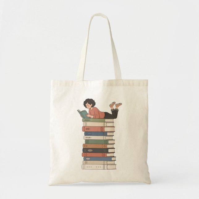 Cute Girl Reading Stack of Books Art Tote Bag (Front)