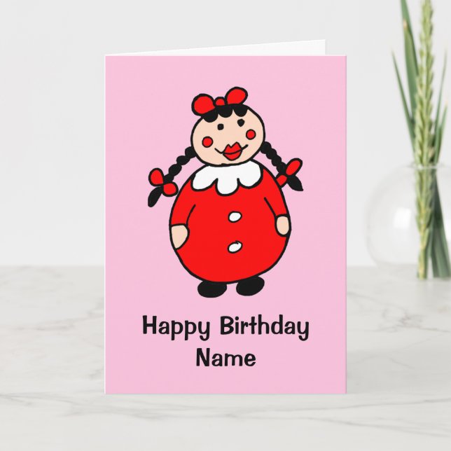 Cute Girl Red Dress Black Hair Cartoon Birthday Card (Front)