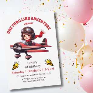 Cute Girl Red Vintage Aeroplane Kids 1st Birthday Invitation