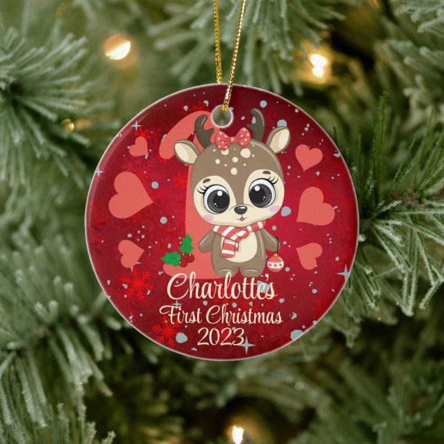 Cute Girl Reindeer Baby’s First Christmas Red Ceramic Tree Decoration (Tree)