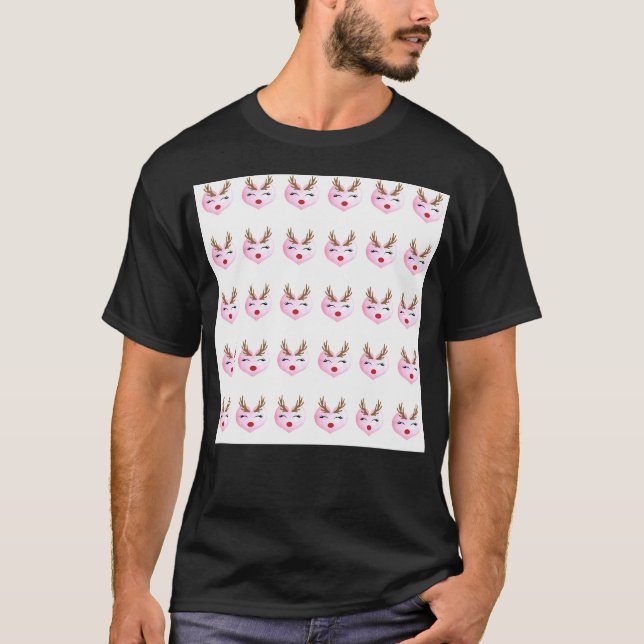 Cute Girl Reindeer Face On Pink Heart Background T-Shirt (Front)