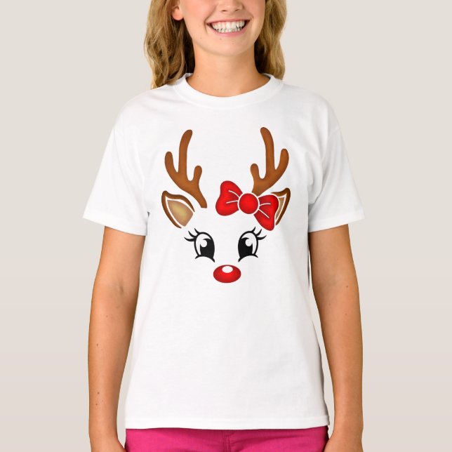 Cute Girl Reindeer Face T-Shirt (Front)