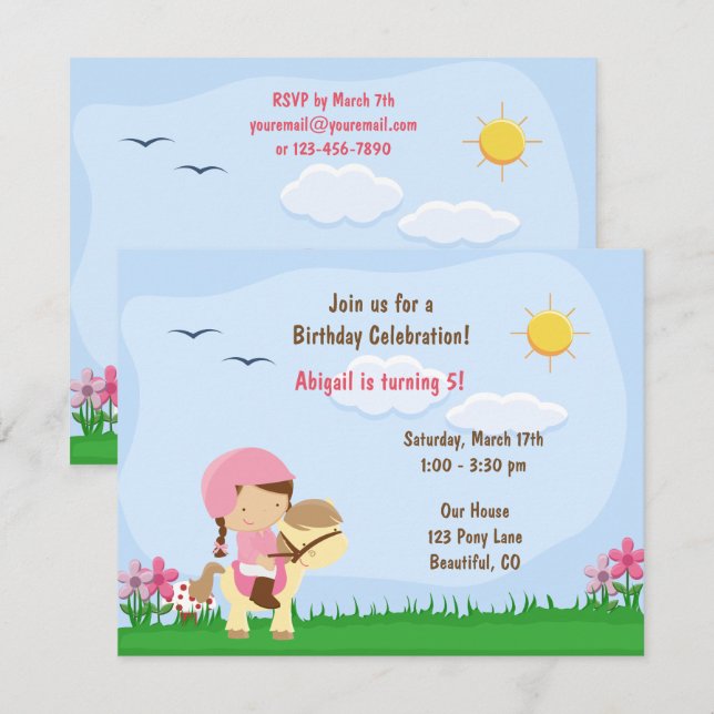 Cute Girl Riding a Pony ~ Horse Birthday Invitation (Front/Back)