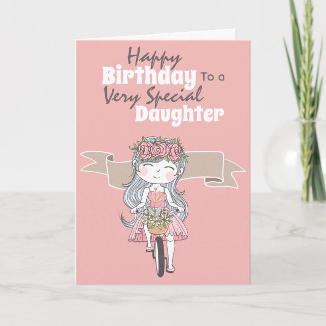 Cute girl riding bicycle daughter birthday wishes card (Front)