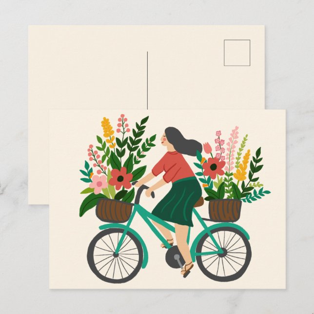 Cute Girl Riding Bicycle w Flowers Custom  Postcard (Front/Back)