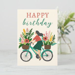 Cute Girl Riding Bicycle w Flowers Happy Birthday