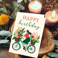Cute Girl Riding Bicycle w Flowers Happy Birthday