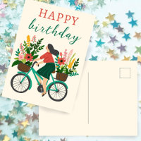Cute Girl Riding Bicycle w Flowers Happy Birthday
