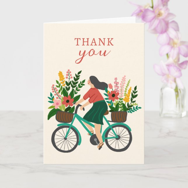 Cute Girl Riding Bicycle w Flowers THANK YOU Card (Orchid)