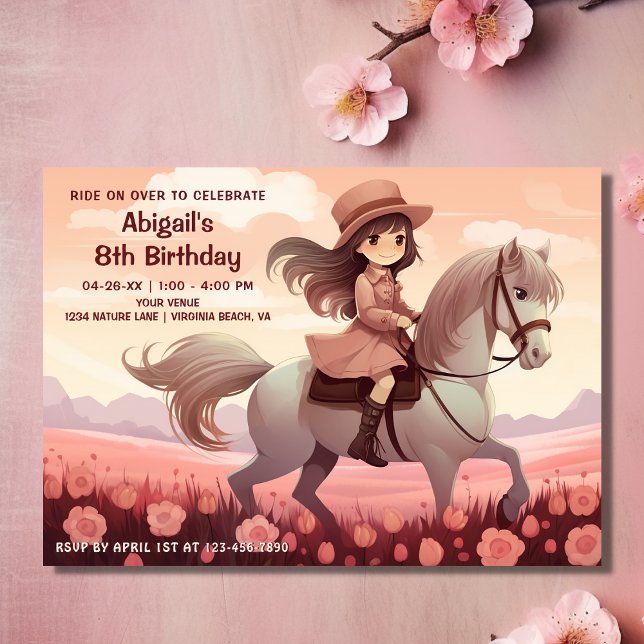 Cute Girl Riding Horse and Pink Flowers Birthday Invitation (Front - Cute Girl Riding Horse and Pink Flowers Birthday Invitation)